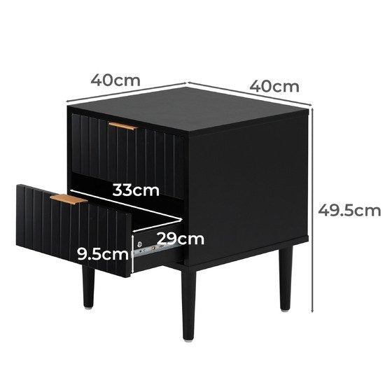 BT-PUTI-BK Ylona 2 Drawer Ribbed Bedside Table Black Color