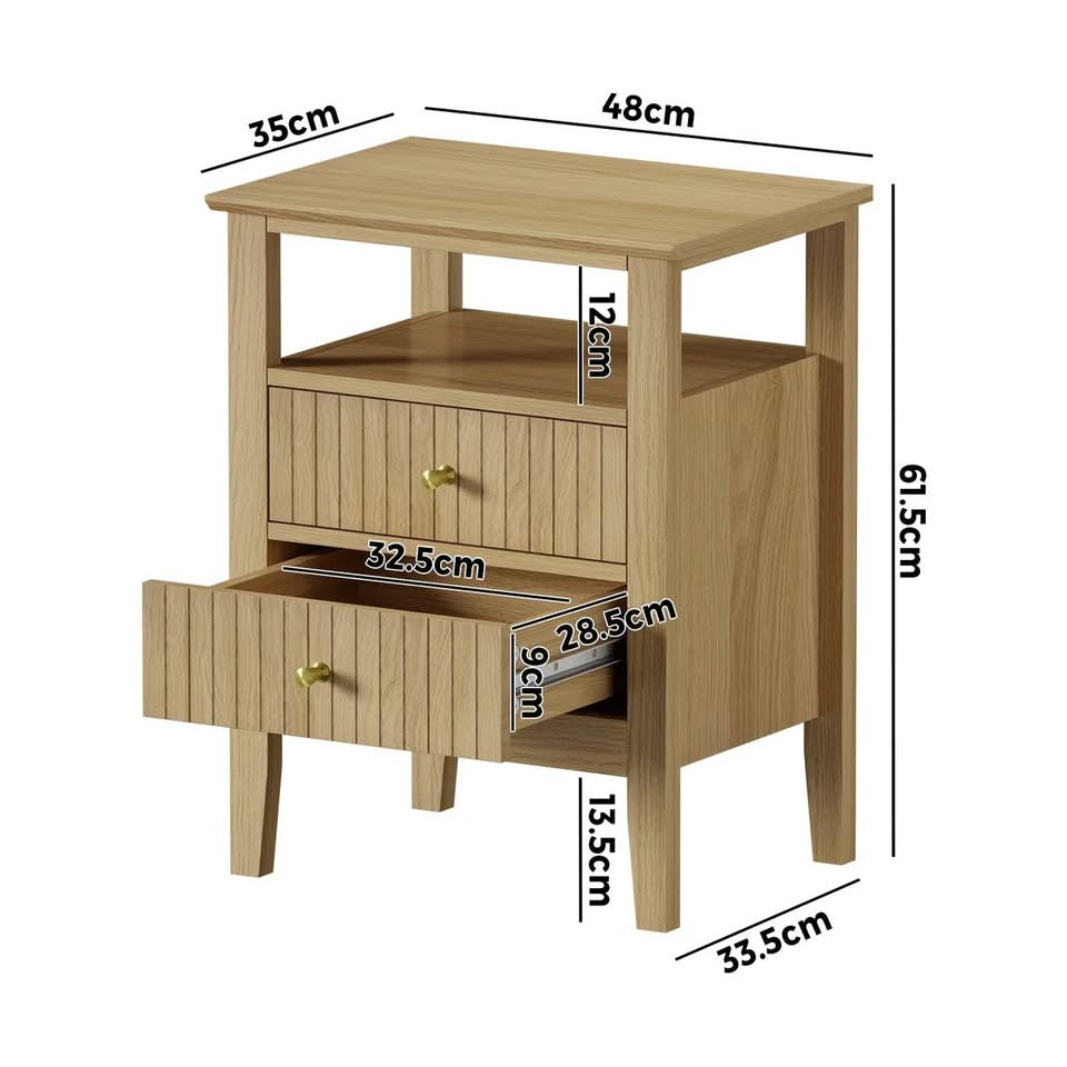 BT-PRIN-1S2D-WD Oikiture Bedside Table Two Drawers Side End Table Open Shelf Nightstand Natural