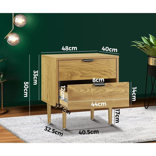 BT-A11-WD Oikiture Bedside Tables Side Table 2 Drawers Bedroom Furniture Storage Cabinet