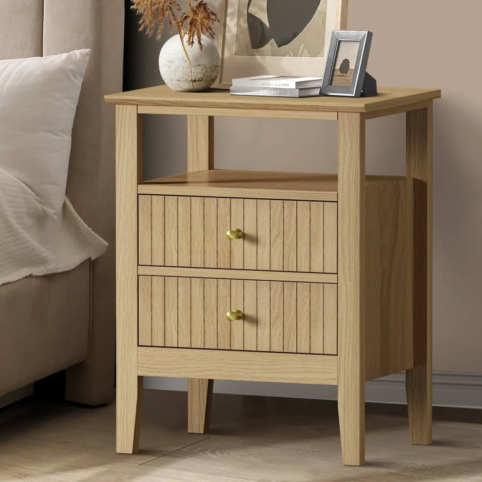 BT-PRIN-1S2D-WD Oikiture Bedside Table Two Drawers Side End Table Open Shelf Nightstand Natural