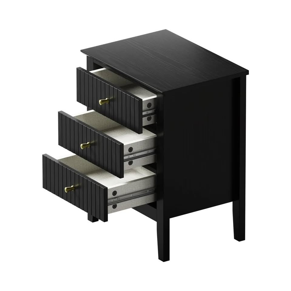 BT-PRIN-3D-BK Oikiture Bedside Table 3 Drawers Side End Storage Furniture Nightstand Black
