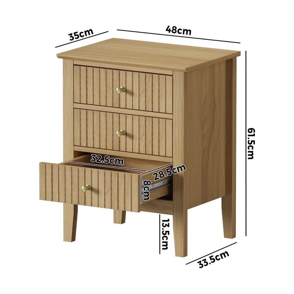 BT-PRIN-3D-WD Oikiture Bedside Table 3 Drawers Side End Storage Furniture Nightstand Natural