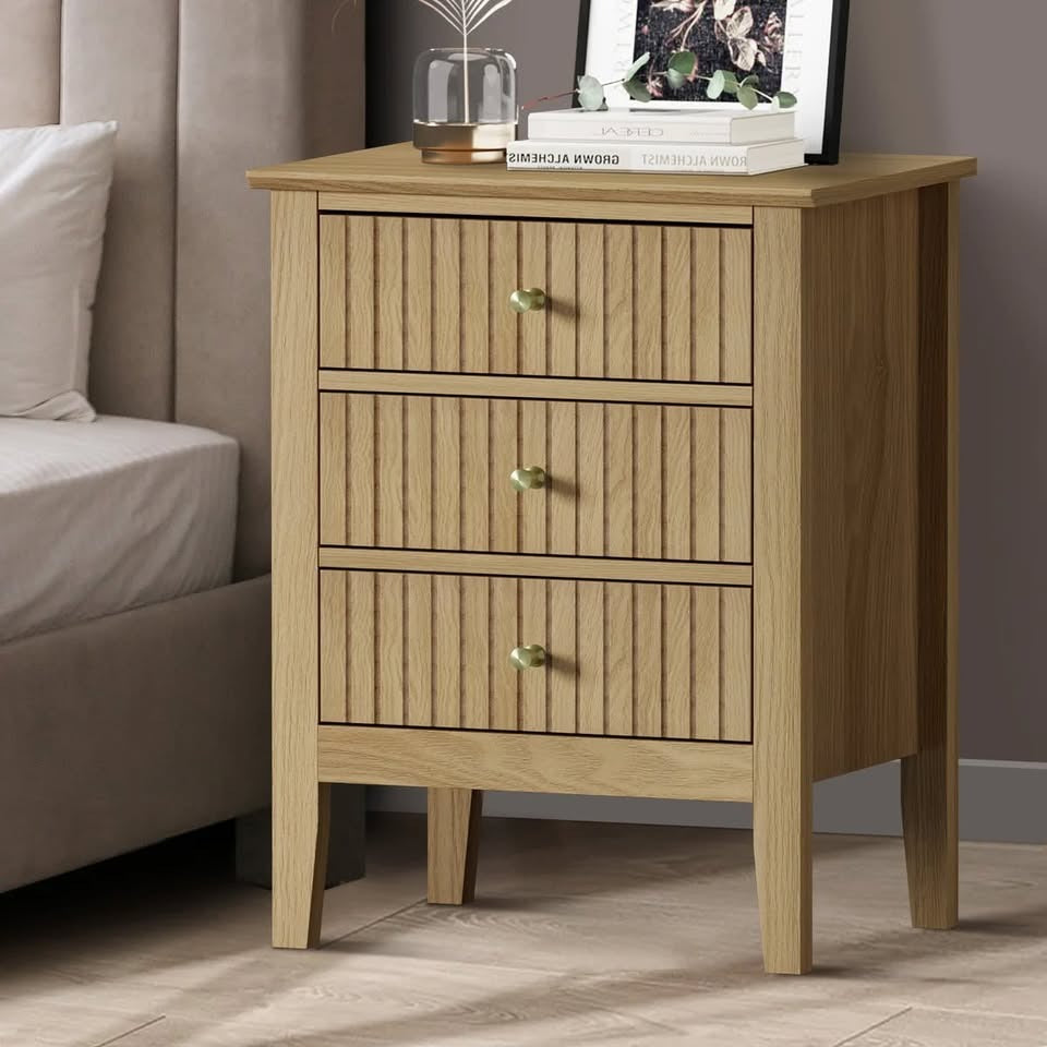 BT-PRIN-3D-WD Oikiture Bedside Table 3 Drawers Side End Storage Furniture Nightstand Natural
