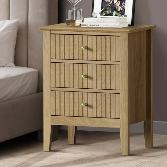 BT-PRIN-3D-WD Oikiture Bedside Table 3 Drawers Side End Storage Furniture Nightstand Natural