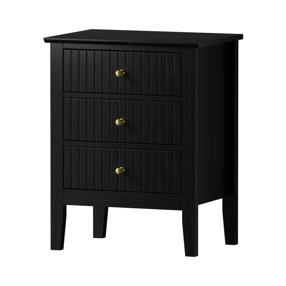 BT-PRIN-3D-BK Oikiture Bedside Table 3 Drawers Side End Storage Furniture Nightstand Black