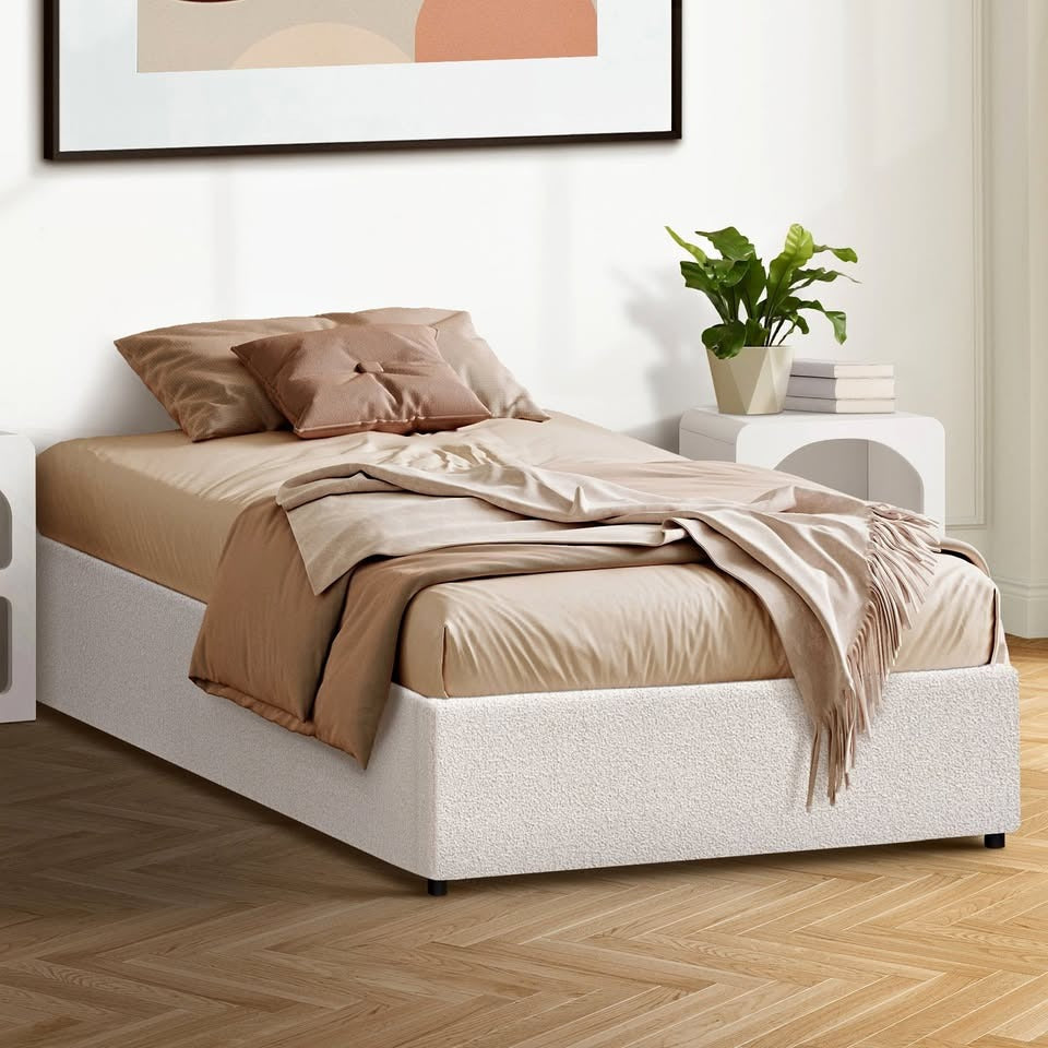 BF-B-TOTI-KS-WH-AB White King Single Size Seraphine Boucle Gas Lift Bed Base