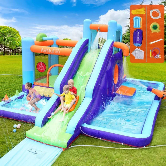 ITOY-MGPK-11+ITOY-BLOW-75-GN AirMyFun Inflatable WaterSlide Trampoline Castle Bounce House Splash Jumping Toy