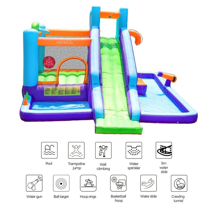 ITOY-MGPK-11+ITOY-BLOW-75-GN AirMyFun Inflatable WaterSlide Trampoline Castle Bounce House Splash Jumping Toy