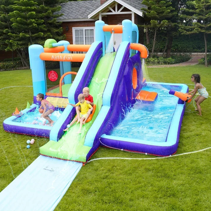 ITOY-MGPK-11+ITOY-BLOW-75-GN AirMyFun Inflatable WaterSlide Trampoline Castle Bounce House Splash Jumping Toy