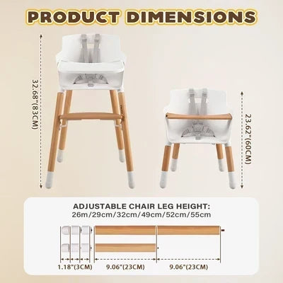 KID-HC1002-WH PlayPals Baby High Chair Beech Wood 2 Height Modes Adjustable Footrest