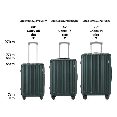 LGS-STRIPE-3PC-GN Mazam 3PCS Luggage Suitcase Trolley Set Travel TSA Lock Storage ABS Case Green