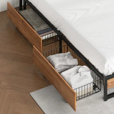 MBF-E-2DRAW-XL-BK Oikiture 2x Bed Frame Storage Drawers with Wheels Metal Brown