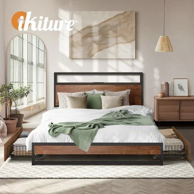 MBF-E-2DRAW-XL-BK Oikiture 2x Bed Frame Storage Drawers with Wheels Metal Brown