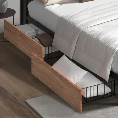 MBF-E-4DRAW-XL-BK Oikiture 4x Bed Frame Storage Drawers with Wheels Metal Brown