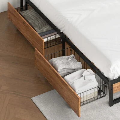 MBF-E-4DRAW-XL-BK Oikiture 4x Bed Frame Storage Drawers with Wheels Metal Brown