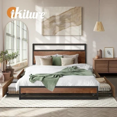 MBF-E-4DRAW-XL-BK Oikiture 4x Bed Frame Storage Drawers with Wheels Metal Brown