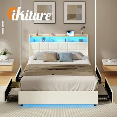 MBF-4DRAW-L-BE Oikiture 4x Trundle Drawers for Bed Frame w/ Wheels Underbed Storage Metal Beige
