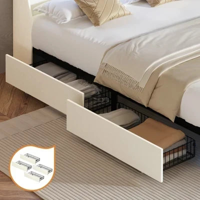 MBF-4DRAW-L-BE Oikiture 4x Trundle Drawers for Bed Frame w/ Wheels Underbed Storage Metal Beige