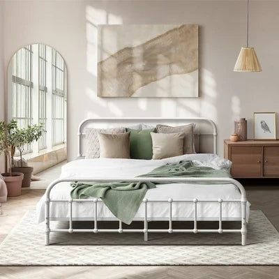 MBF-E-CAS-D-WH Oikiture Bed Frame Metal Bed Base Double Size Bed Platform White
