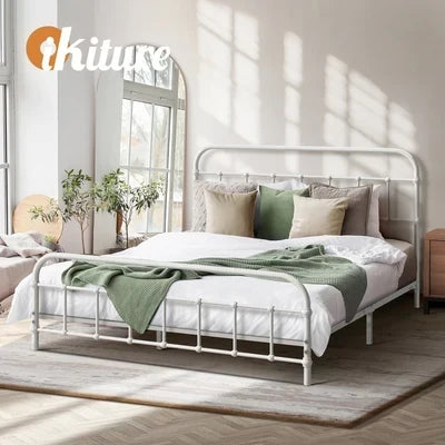 MBF-E-CAS-D-WH Oikiture Bed Frame Metal Bed Base Double Size Bed Platform White