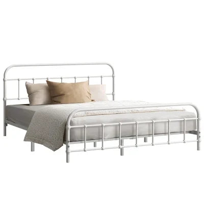 MBF-E-CAS-D-WH Oikiture Bed Frame Metal Bed Base Double Size Bed Platform White