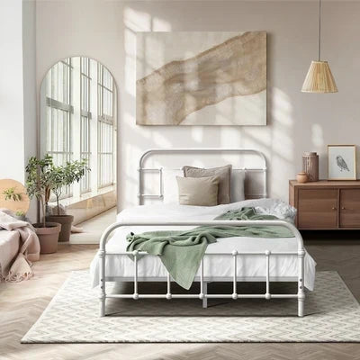 MBF-E-CAS-KS-WH Oikiture Bed Frame Metal Bed Base King Single Size Bed Platform White