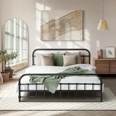 MBF-E-CAS-Q-BK Oikiture Metal Bed Frame Queen Size Bed Base Platform