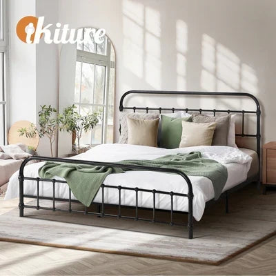 MBF-E-CAS-Q-BK Oikiture Metal Bed Frame Queen Size Bed Base Platform