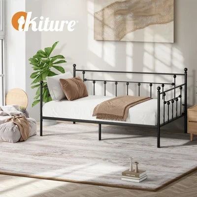 MBF-DB-WHIZZ-BK Oikiture Metal Daybed Frame Single Size Steel Slat Support Sofa Bed Black