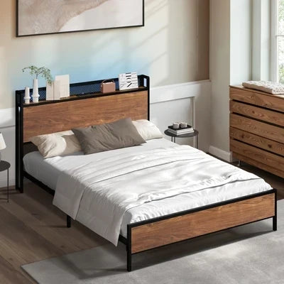 MBF-E-GAEL-Q-BK-AB Oikiture Metal Bed Frame Queen Size LED Light USB Charge Storage Headboard