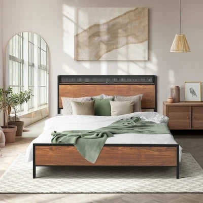 MBF-E-GAEL-Q-BK-AB Oikiture Metal Bed Frame Queen Size LED Light USB Charge Storage Headboard