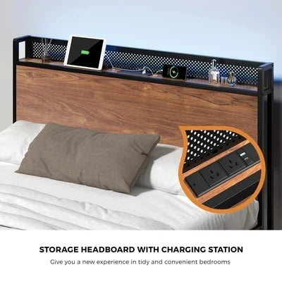 MBF-E-GAEL-Q-BK-AB Oikiture Metal Bed Frame Queen Size LED Light USB Charge Storage Headboard