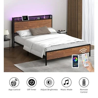 MBF-E-GAEL-Q-BK-AB Oikiture Metal Bed Frame Queen Size LED Light USB Charge Storage Headboard