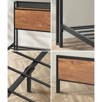MBF-E-GAEL-Q-BK-AB Oikiture Metal Bed Frame Queen Size LED Light USB Charge Storage Headboard