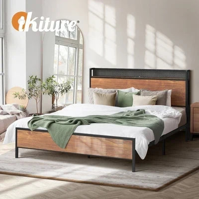 MBF-E-GAEL-Q-BK-AB Oikiture Metal Bed Frame Queen Size LED Light USB Charge Storage Headboard