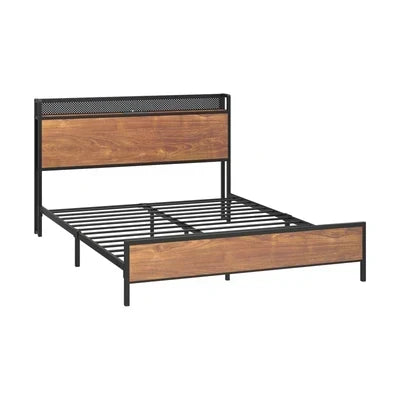 MBF-E-GAEL-Q-BK-AB Oikiture Metal Bed Frame Queen Size LED Light USB Charge Storage Headboard