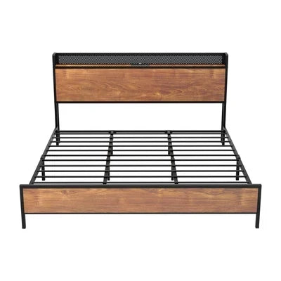 MBF-E-GAEL-Q-BK-AB Oikiture Metal Bed Frame Queen Size LED Light USB Charge Storage Headboard