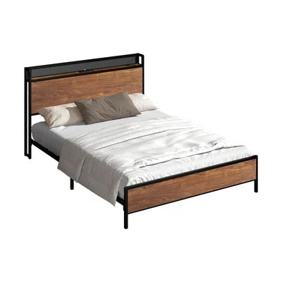 MBF-E-GAEL-Q-BK-AB Oikiture Metal Bed Frame Queen Size LED Light USB Charge Storage Headboard