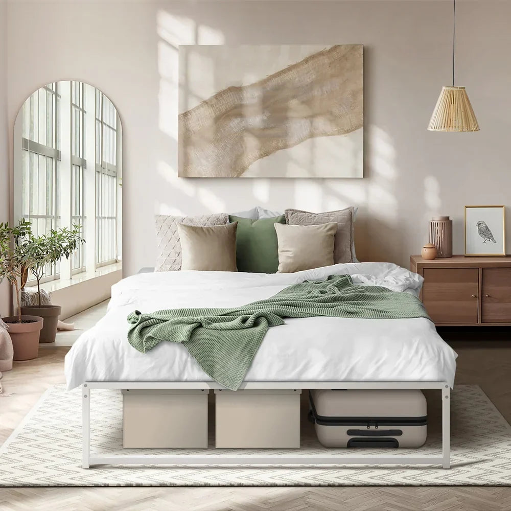 MBF-SAM-Q-WH Oikiture Metal Bed Frame Queen Size Beds Base Platform White