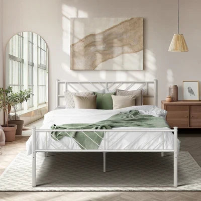 MBF-SIS-Q-WH Oikiture Metal Bed Frame Queen Size Metal Base Mattress Platform White
