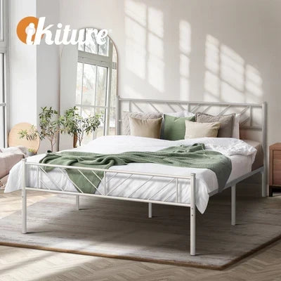 MBF-SIS-Q-WH Oikiture Metal Bed Frame Queen Size Metal Base Mattress Platform White
