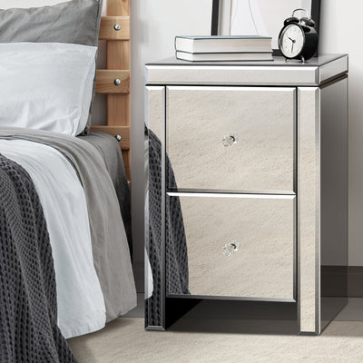 MF-BT-VICO-2D-SI Oikiture Mirrored Storage Cabinet Bedside Table End Table w/ Acrylic Handles