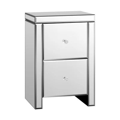 MF-BT-VICO-2D-SI Oikiture Mirrored Storage Cabinet Bedside Table End Table w/ Acrylic Handles