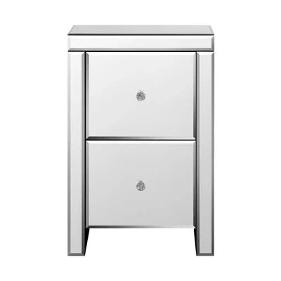 MF-BT-VICO-2D-SI Oikiture Mirrored Storage Cabinet Bedside Table End Table w/ Acrylic Handles
