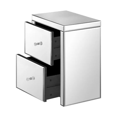 MF-BT-VICO-2D-SI Oikiture Mirrored Storage Cabinet Bedside Table End Table w/ Acrylic Handles