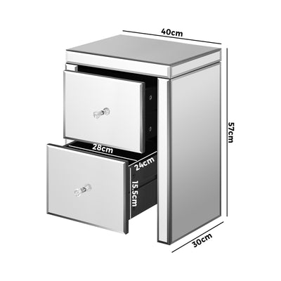 MF-BT-VICO-2D-SI Oikiture Mirrored Storage Cabinet Bedside Table End Table w/ Acrylic Handles