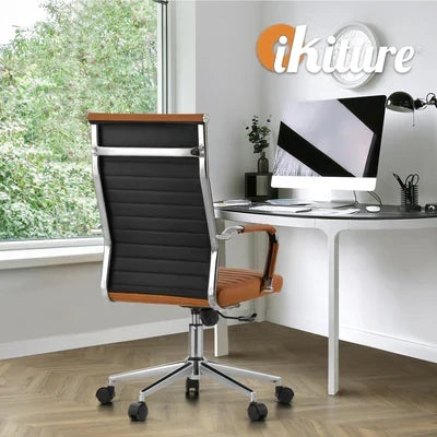 OCH-EPAD-LEA-BR Oikiture Office Chair Executive Swivel Desk Chair High Back Leather Brown