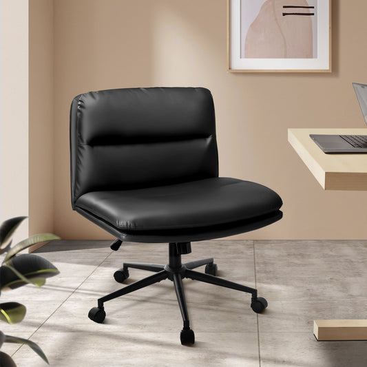 OCH-ROLCROSS-LEA-BK Oikiture Mid Back Armless Office Desk Chair Wide Seat Leather Black with Wheels