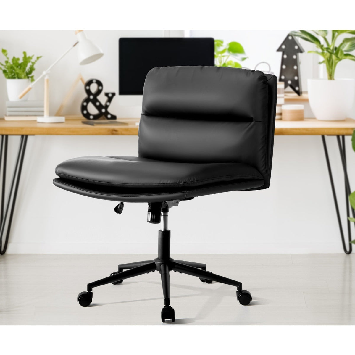 OCH-ROLCROSS-LEA-BK Oikiture Mid Back Armless Office Desk Chair Wide Seat Leather Black with Wheels