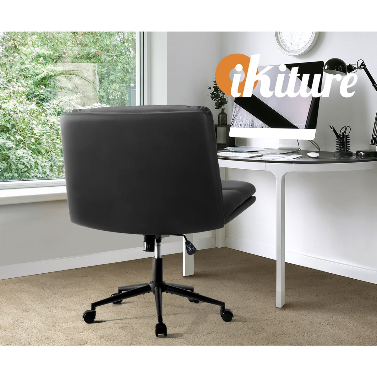 OCH-ROLCROSS-LEA-BK Oikiture Mid Back Armless Office Desk Chair Wide Seat Leather Black with Wheels